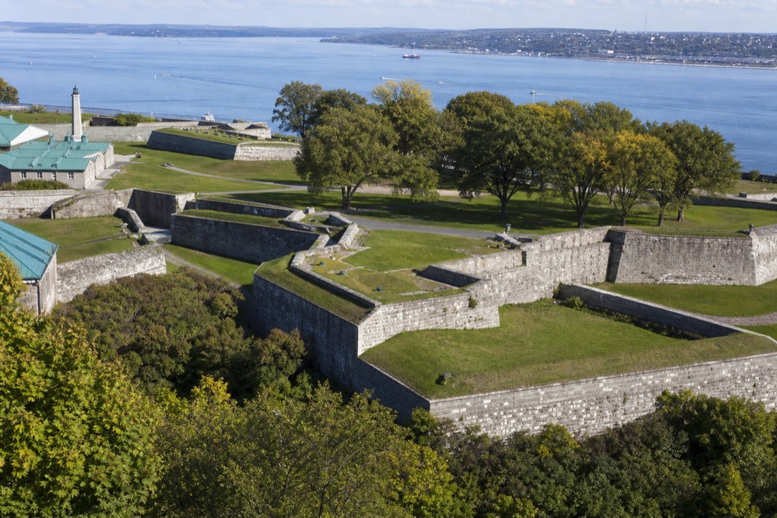 Star-shaped earthworks and stone walls of the Citadelle of Quebec above the St. Lawrence River