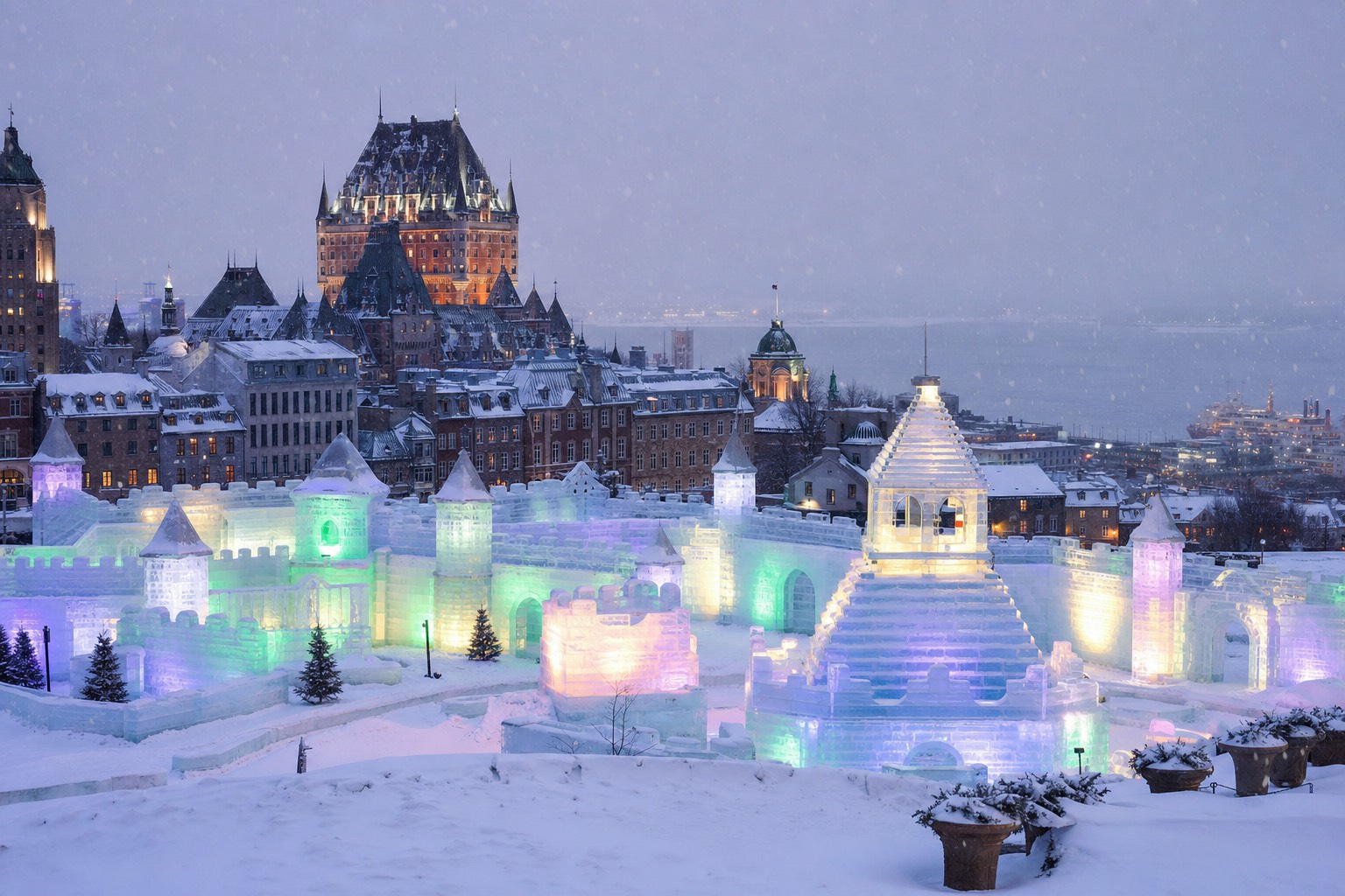 Bonhomme's illuminated Ice Palace glowing at dusk during the Quebec Winter Carnival with snow falling over Old Quebec