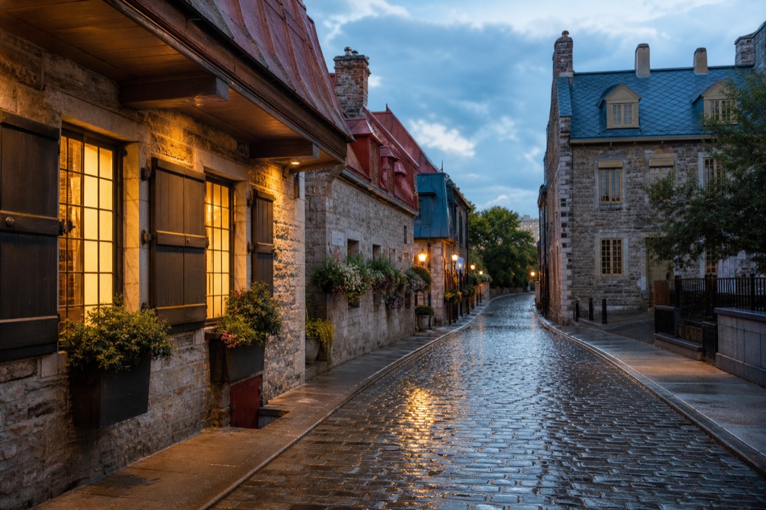 Rain-slicked cobblestones reflecting shop lights on a warm summer evening in Old Quebec
