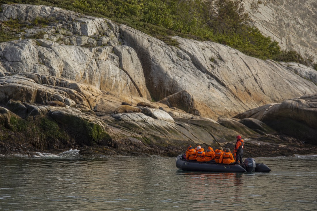 Zodiac boat with passengers in orange suits on the St. Lawrence near Tadoussac