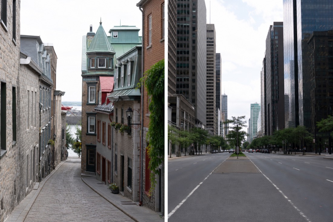 Narrow cobbled street in Old Quebec contrasting with a wide modern Montreal boulevard