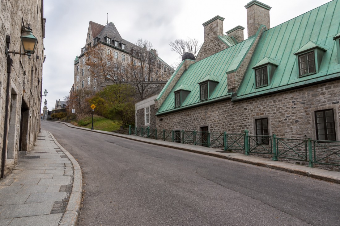 Gentle road grade of Cote de la Montagne in Old Quebec, the step-free alternative to the Casse-Cou stairs