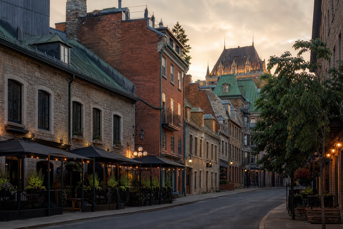 Evening light on restaurant terraces along rue Saint-Joseph in the Saint-Roch district of Quebec City