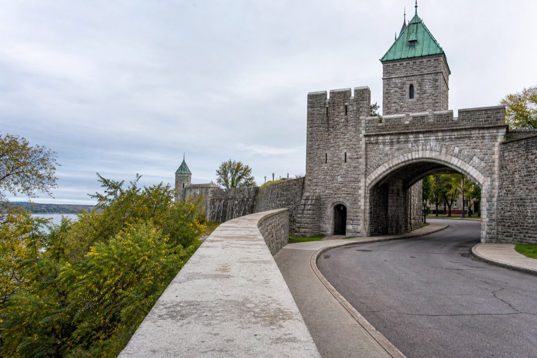 The fortification walls and a stone gate of Old Quebec, the only walled city north of Mexico
